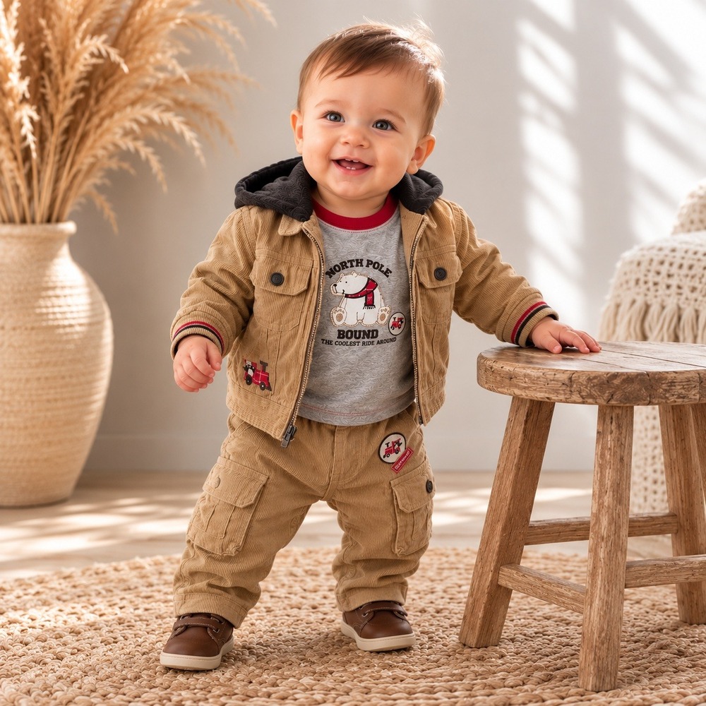 Vintage Y2K Carters Train Corduroy Pants Hooded Jacket Outfit Set Boys Tan 12M